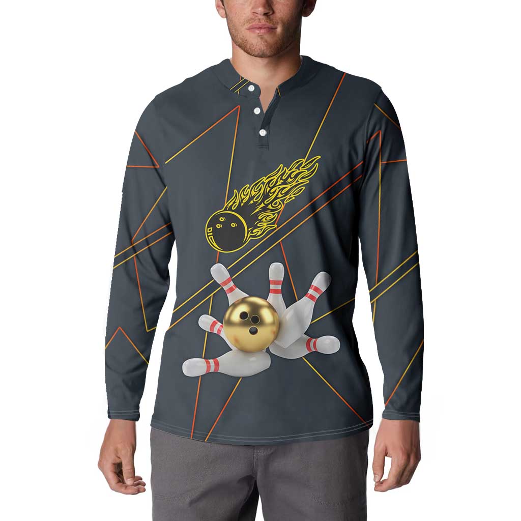 Custom Golden Bowling Shirts For Men, Flame Bowling Button Sweatshirt with Flaming Bowling Ball Striking Pins And Geometric Line Pattern - Wonder Print Shop