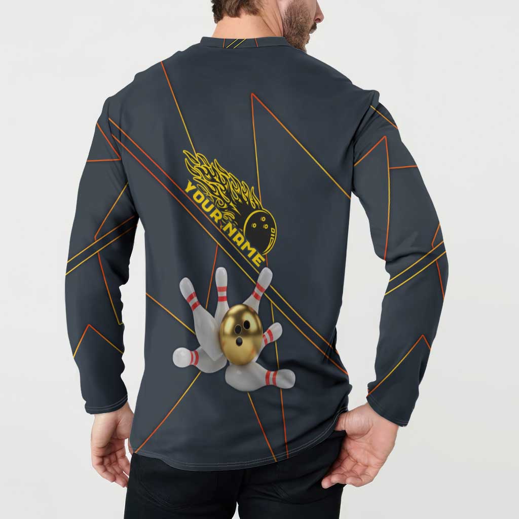 Custom Golden Bowling Shirts For Men, Flame Bowling Button Sweatshirt with Flaming Bowling Ball Striking Pins And Geometric Line Pattern - Wonder Print Shop