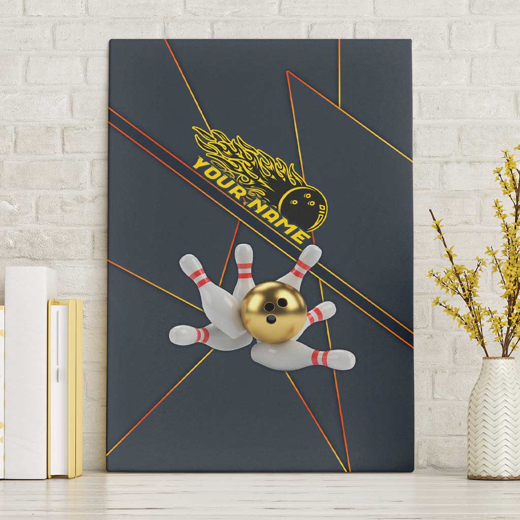 Custom Golden Bowling Shirts For Men, Flame Bowling Canvas Wall Art with Flaming Bowling Ball Striking Pins And Geometric Line Pattern - Wonder Print Shop