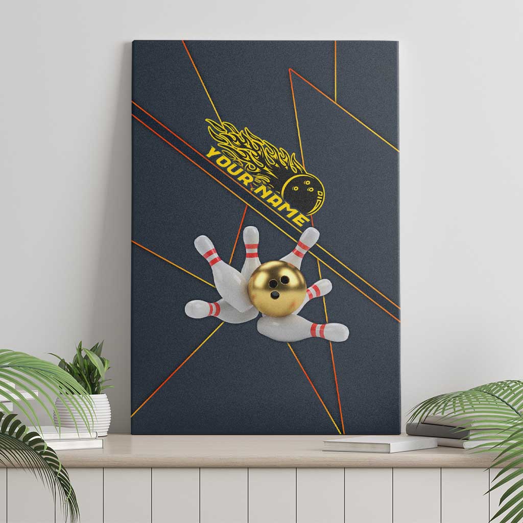 Custom Golden Bowling Shirts For Men, Flame Bowling Canvas Wall Art with Flaming Bowling Ball Striking Pins And Geometric Line Pattern - Wonder Print Shop