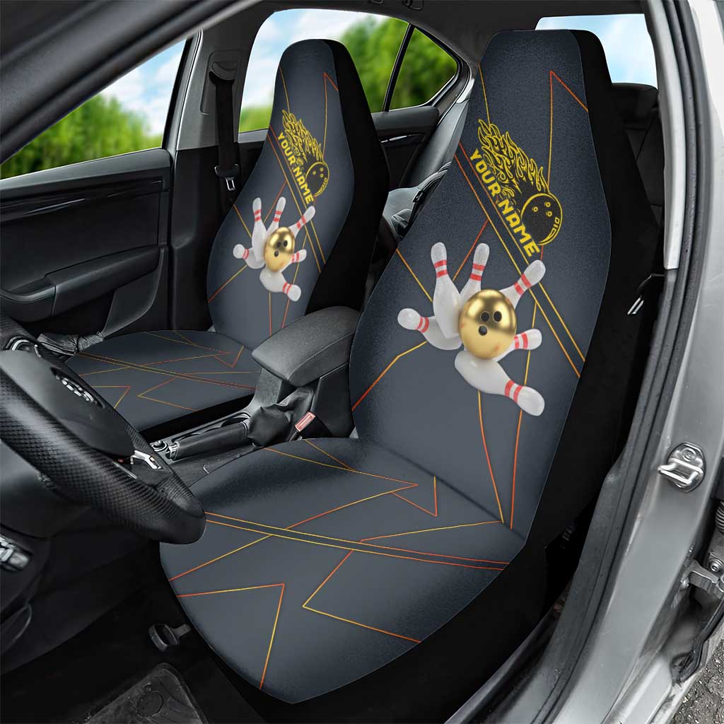 Custom Golden Bowling Shirts For Men, Flame Bowling Car Seat Cover with Flaming Bowling Ball Striking Pins And Geometric Line Pattern - Wonder Print Shop