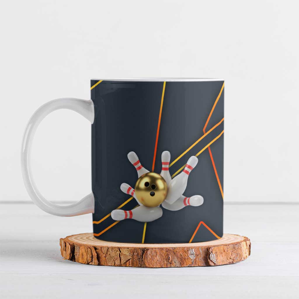 Custom Golden Bowling Shirts For Men, Flame Bowling Ceramic Mug with Flaming Bowling Ball Striking Pins And Geometric Line Pattern - Wonder Print Shop