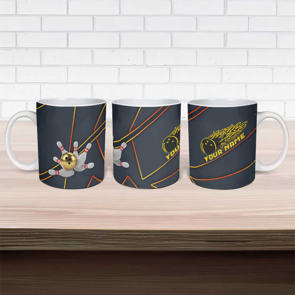 Custom Golden Bowling Shirts For Men, Flame Bowling Ceramic Mug with Flaming Bowling Ball Striking Pins And Geometric Line Pattern - Wonder Print Shop