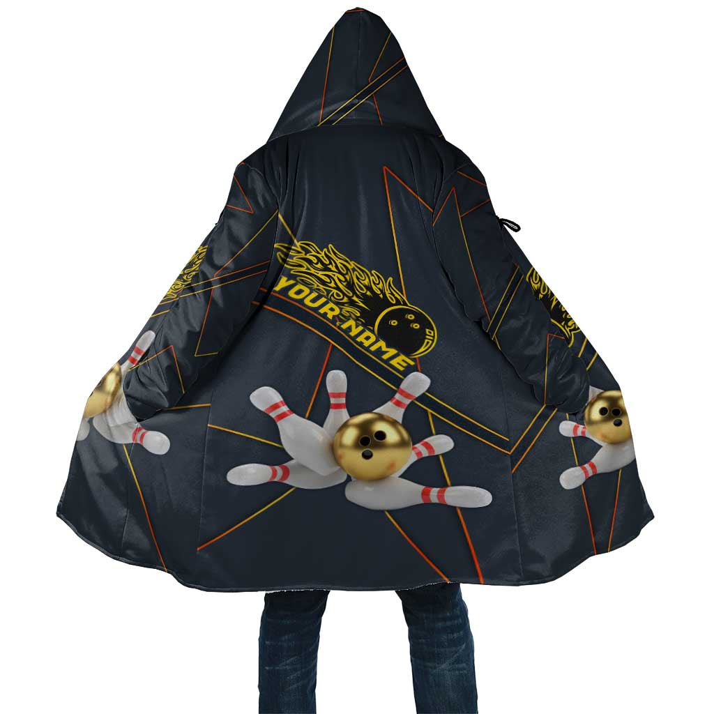 Custom Golden Bowling Shirts For Men, Flame Bowling Cloak with Flaming Bowling Ball Striking Pins And Geometric Line Pattern - Wonder Print Shop