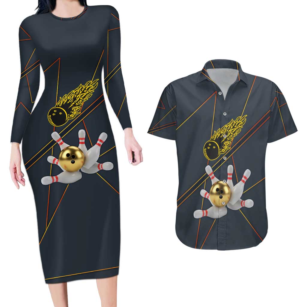 Custom Golden Bowling Shirts For Men, Flame Bowling Couples Matching Long Sleeve Bodycon Dress and Hawaiian Shirt with Flaming Bowling Ball Striking Pins And Geometric Line Pattern - Wonder Print Shop