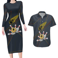 Custom Golden Bowling Shirts For Men, Flame Bowling Couples Matching Long Sleeve Bodycon Dress and Hawaiian Shirt with Flaming Bowling Ball Striking Pins And Geometric Line Pattern - Wonder Print Shop