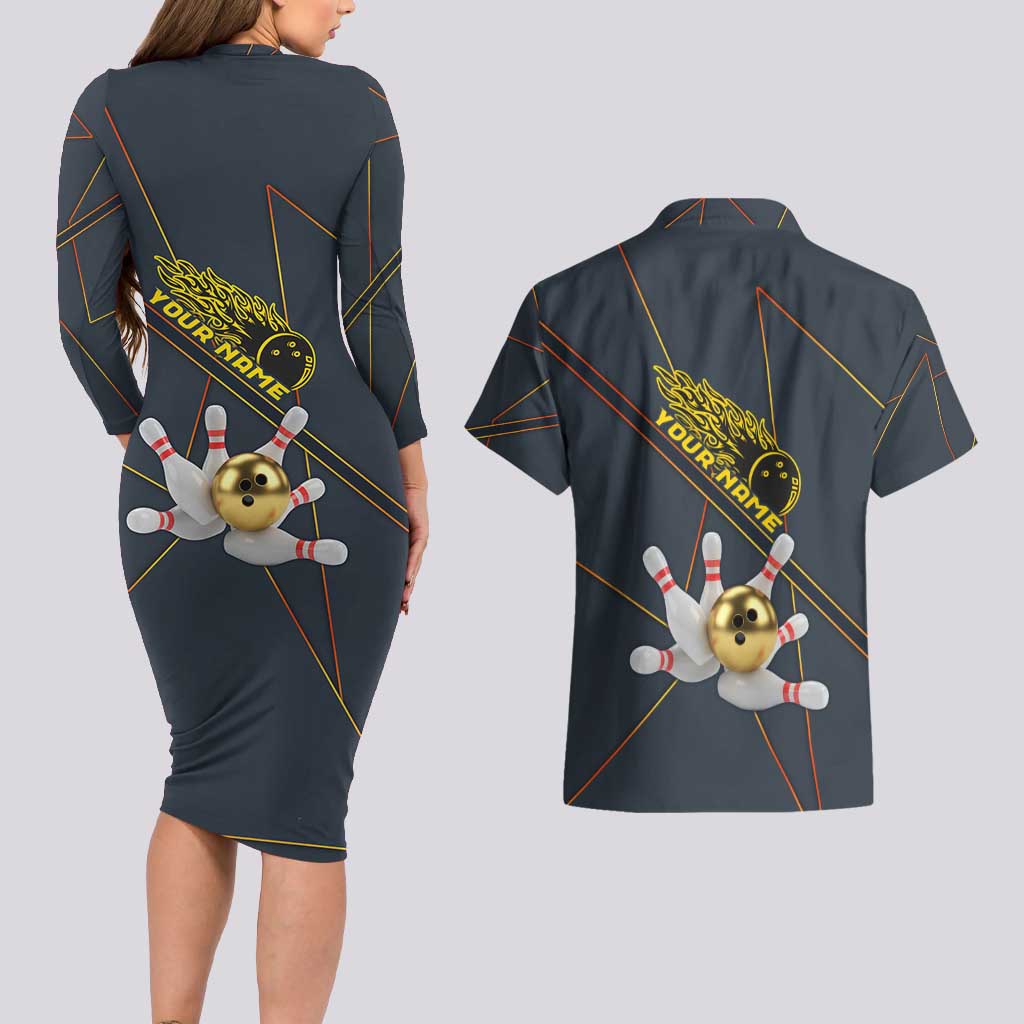 Custom Golden Bowling Shirts For Men, Flame Bowling Couples Matching Long Sleeve Bodycon Dress and Hawaiian Shirt with Flaming Bowling Ball Striking Pins And Geometric Line Pattern - Wonder Print Shop
