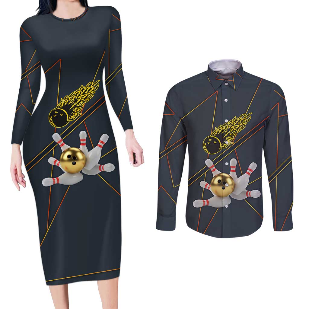 Custom Golden Bowling Shirts For Men, Flame Bowling Couples Matching Long Sleeve Bodycon Dress and Long Sleeve Button Shirt with Flaming Bowling Ball Striking Pins And Geometric Line Pattern - Wonder Print Shop