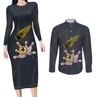 Custom Golden Bowling Shirts For Men, Flame Bowling Couples Matching Long Sleeve Bodycon Dress and Long Sleeve Button Shirt with Flaming Bowling Ball Striking Pins And Geometric Line Pattern - Wonder Print Shop