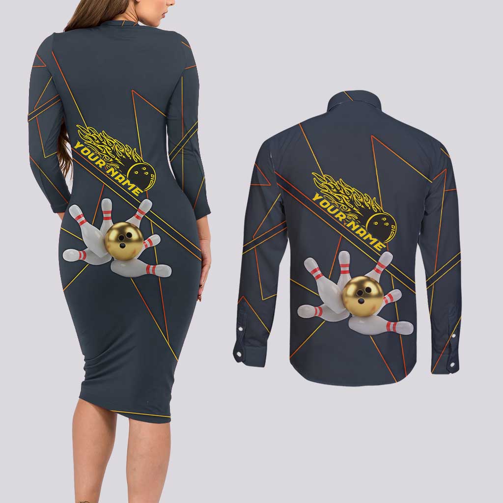 Custom Golden Bowling Shirts For Men, Flame Bowling Couples Matching Long Sleeve Bodycon Dress and Long Sleeve Button Shirt with Flaming Bowling Ball Striking Pins And Geometric Line Pattern - Wonder Print Shop