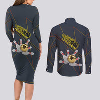Custom Golden Bowling Shirts For Men, Flame Bowling Couples Matching Long Sleeve Bodycon Dress and Long Sleeve Button Shirt with Flaming Bowling Ball Striking Pins And Geometric Line Pattern - Wonder Print Shop
