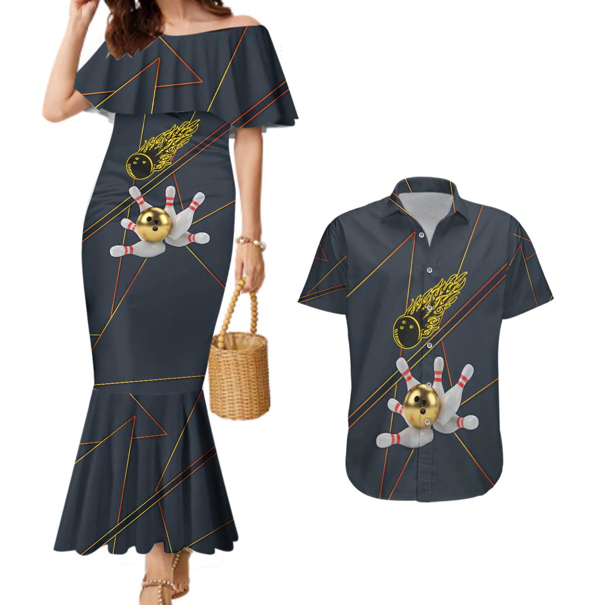 Custom Golden Bowling Shirts For Men, Flame Bowling Couples Matching Mermaid Dress and Hawaiian Shirt with Flaming Bowling Ball Striking Pins And Geometric Line Pattern - Wonder Print Shop