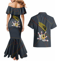 Custom Golden Bowling Shirts For Men, Flame Bowling Couples Matching Mermaid Dress and Hawaiian Shirt with Flaming Bowling Ball Striking Pins And Geometric Line Pattern - Wonder Print Shop