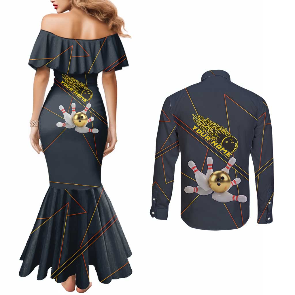 Custom Golden Bowling Shirts For Men, Flame Bowling Couples Matching Mermaid Dress and Long Sleeve Button Shirt with Flaming Bowling Ball Striking Pins And Geometric Line Pattern - Wonder Print Shop