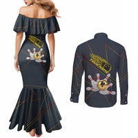 Custom Golden Bowling Shirts For Men, Flame Bowling Couples Matching Mermaid Dress and Long Sleeve Button Shirt with Flaming Bowling Ball Striking Pins And Geometric Line Pattern - Wonder Print Shop