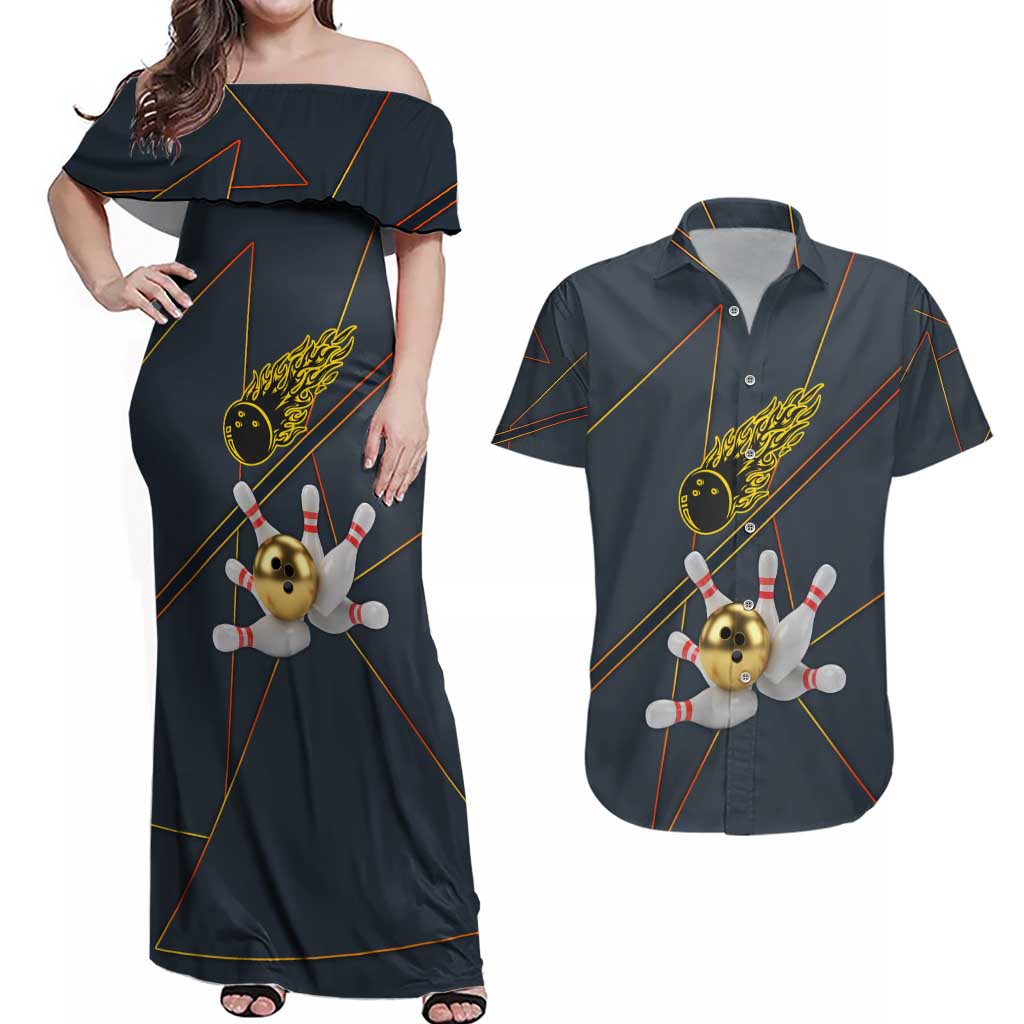 Custom Golden Bowling Shirts For Men, Flame Bowling Couples Matching Off Shoulder Maxi Dress and Hawaiian Shirt with Flaming Bowling Ball Striking Pins And Geometric Line Pattern - Wonder Print Shop