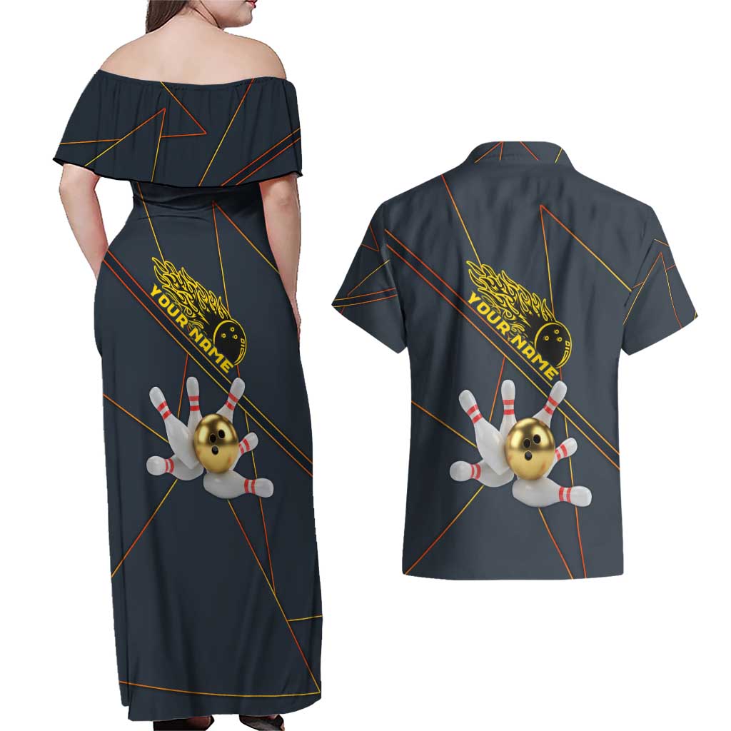 Custom Golden Bowling Shirts For Men, Flame Bowling Couples Matching Off Shoulder Maxi Dress and Hawaiian Shirt with Flaming Bowling Ball Striking Pins And Geometric Line Pattern - Wonder Print Shop