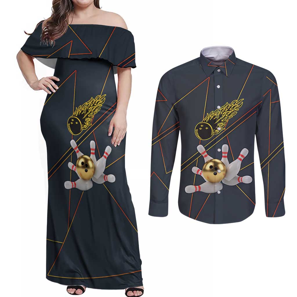 Custom Golden Bowling Shirts For Men, Flame Bowling Couples Matching Off Shoulder Maxi Dress and Long Sleeve Button Shirt with Flaming Bowling Ball Striking Pins And Geometric Line Pattern - Wonder Print Shop