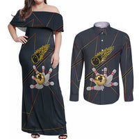 Custom Golden Bowling Shirts For Men, Flame Bowling Couples Matching Off Shoulder Maxi Dress and Long Sleeve Button Shirt with Flaming Bowling Ball Striking Pins And Geometric Line Pattern - Wonder Print Shop
