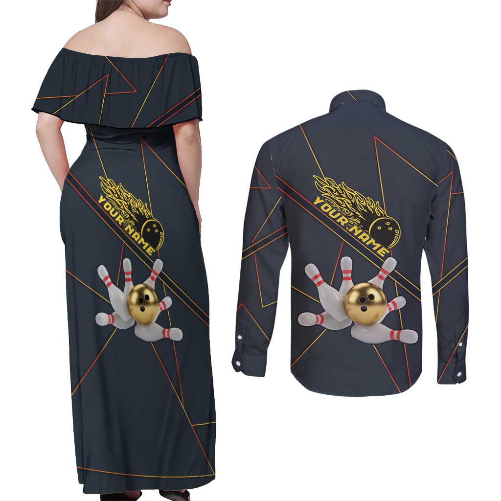 Custom Golden Bowling Shirts For Men, Flame Bowling Couples Matching Off Shoulder Maxi Dress and Long Sleeve Button Shirt with Flaming Bowling Ball Striking Pins And Geometric Line Pattern - Wonder Print Shop