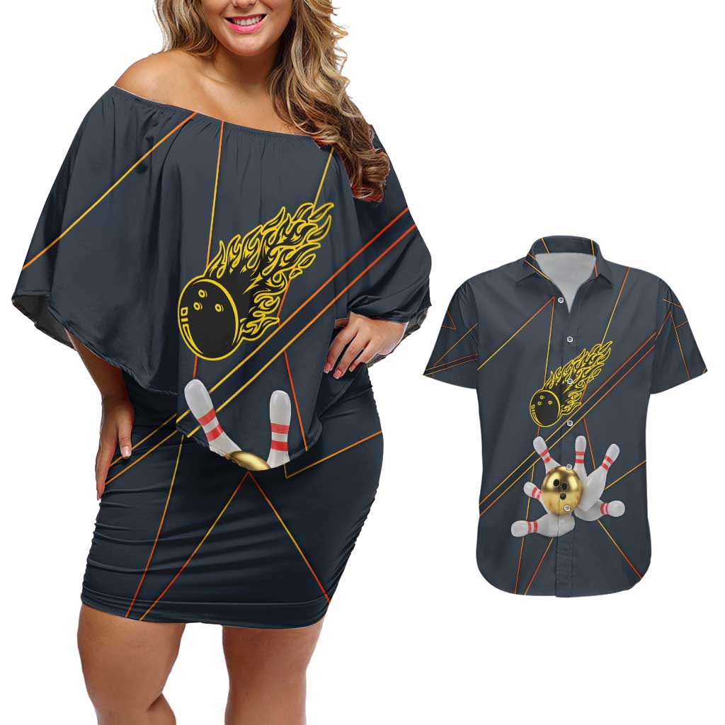Custom Golden Bowling Shirts For Men, Flame Bowling Couples Matching Off Shoulder Short Dress and Hawaiian Shirt with Flaming Bowling Ball Striking Pins And Geometric Line Pattern - Wonder Print Shop