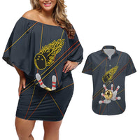 Custom Golden Bowling Shirts For Men, Flame Bowling Couples Matching Off Shoulder Short Dress and Hawaiian Shirt with Flaming Bowling Ball Striking Pins And Geometric Line Pattern - Wonder Print Shop