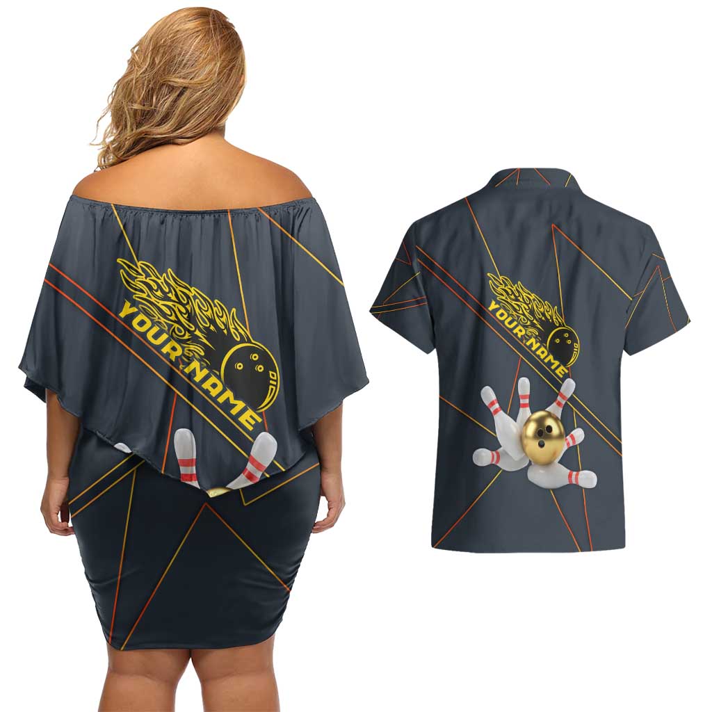 Custom Golden Bowling Shirts For Men, Flame Bowling Couples Matching Off Shoulder Short Dress and Hawaiian Shirt with Flaming Bowling Ball Striking Pins And Geometric Line Pattern - Wonder Print Shop
