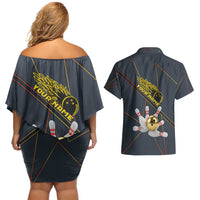 Custom Golden Bowling Shirts For Men, Flame Bowling Couples Matching Off Shoulder Short Dress and Hawaiian Shirt with Flaming Bowling Ball Striking Pins And Geometric Line Pattern - Wonder Print Shop