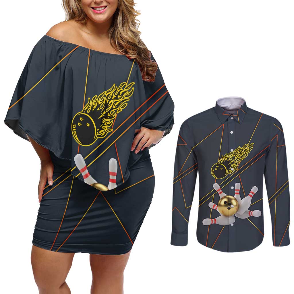 Custom Golden Bowling Shirts For Men, Flame Bowling Couples Matching Off Shoulder Short Dress and Long Sleeve Button Shirt with Flaming Bowling Ball Striking Pins And Geometric Line Pattern - Wonder Print Shop