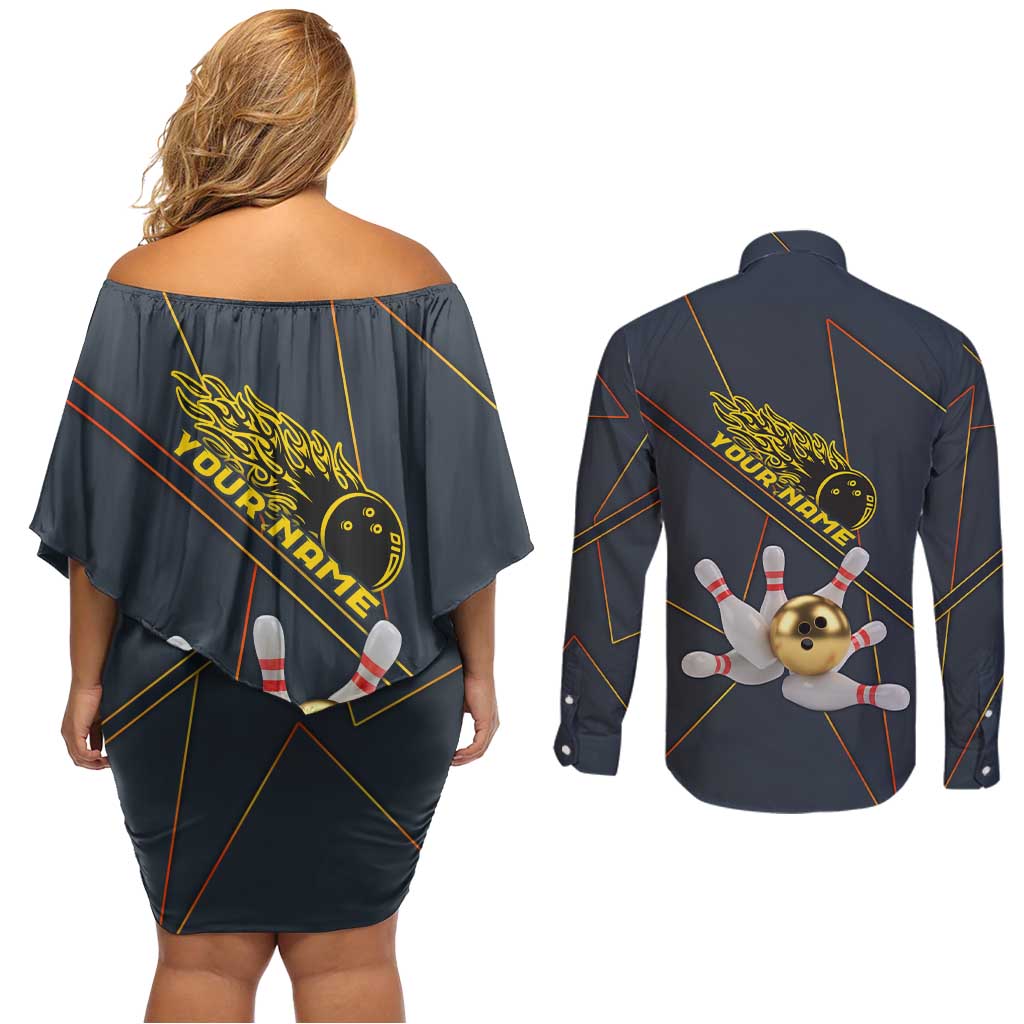 Custom Golden Bowling Shirts For Men, Flame Bowling Couples Matching Off Shoulder Short Dress and Long Sleeve Button Shirt with Flaming Bowling Ball Striking Pins And Geometric Line Pattern - Wonder Print Shop