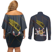 Custom Golden Bowling Shirts For Men, Flame Bowling Couples Matching Off Shoulder Short Dress and Long Sleeve Button Shirt with Flaming Bowling Ball Striking Pins And Geometric Line Pattern - Wonder Print Shop