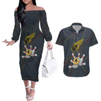 Custom Golden Bowling Shirts For Men, Flame Bowling Couples Matching Off The Shoulder Long Sleeve Dress and Hawaiian Shirt with Flaming Bowling Ball Striking Pins And Geometric Line Pattern - Wonder Print Shop