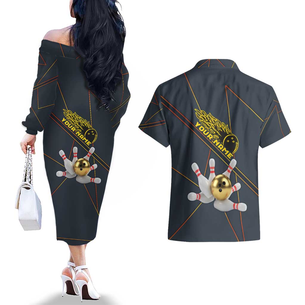 Custom Golden Bowling Shirts For Men, Flame Bowling Couples Matching Off The Shoulder Long Sleeve Dress and Hawaiian Shirt with Flaming Bowling Ball Striking Pins And Geometric Line Pattern - Wonder Print Shop