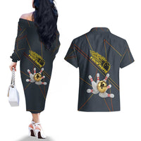 Custom Golden Bowling Shirts For Men, Flame Bowling Couples Matching Off The Shoulder Long Sleeve Dress and Hawaiian Shirt with Flaming Bowling Ball Striking Pins And Geometric Line Pattern - Wonder Print Shop