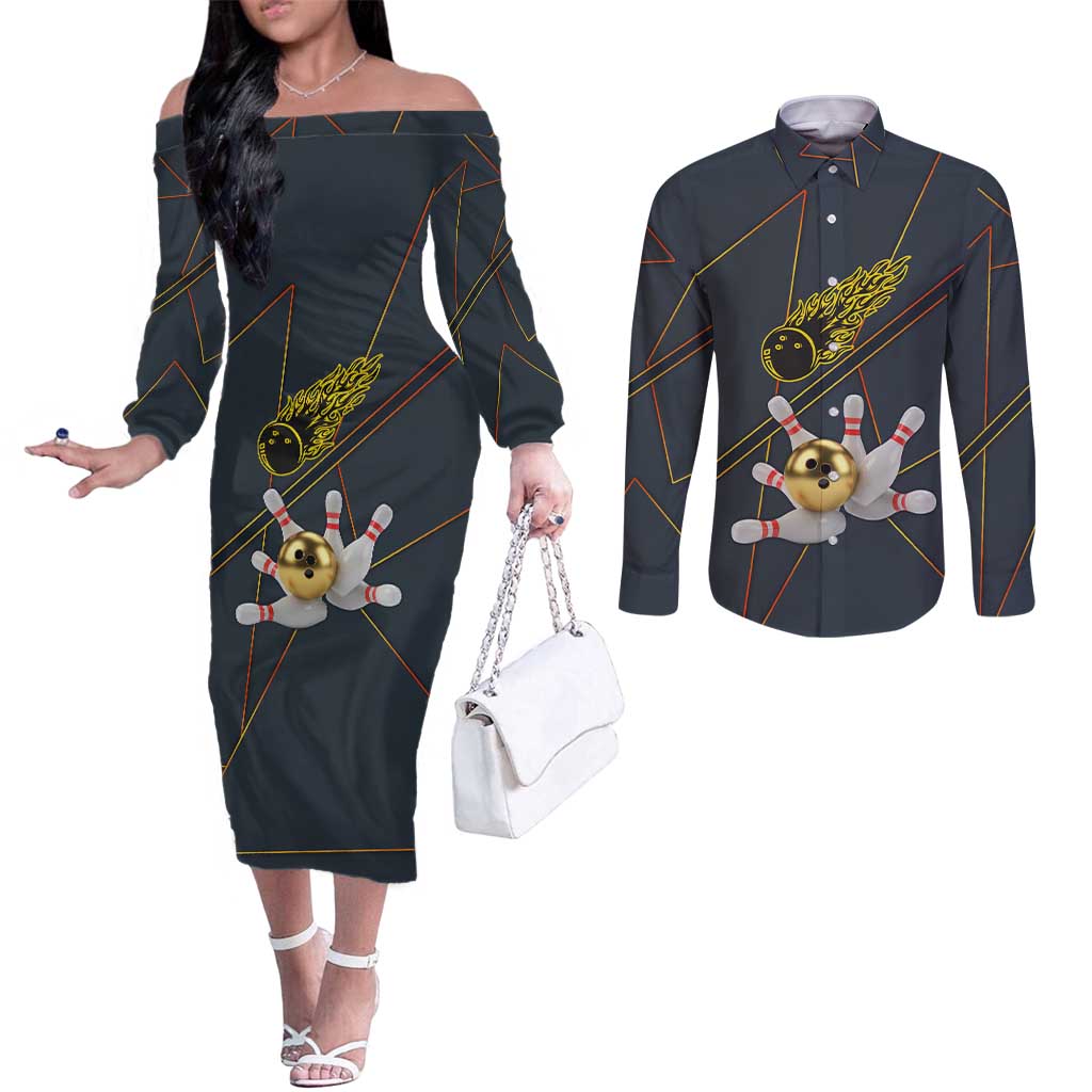 Custom Golden Bowling Shirts For Men, Flame Bowling Couples Matching Off The Shoulder Long Sleeve Dress and Long Sleeve Button Shirt with Flaming Bowling Ball Striking Pins And Geometric Line Pattern - Wonder Print Shop