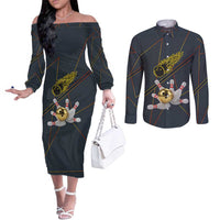 Custom Golden Bowling Shirts For Men, Flame Bowling Couples Matching Off The Shoulder Long Sleeve Dress and Long Sleeve Button Shirt with Flaming Bowling Ball Striking Pins And Geometric Line Pattern - Wonder Print Shop