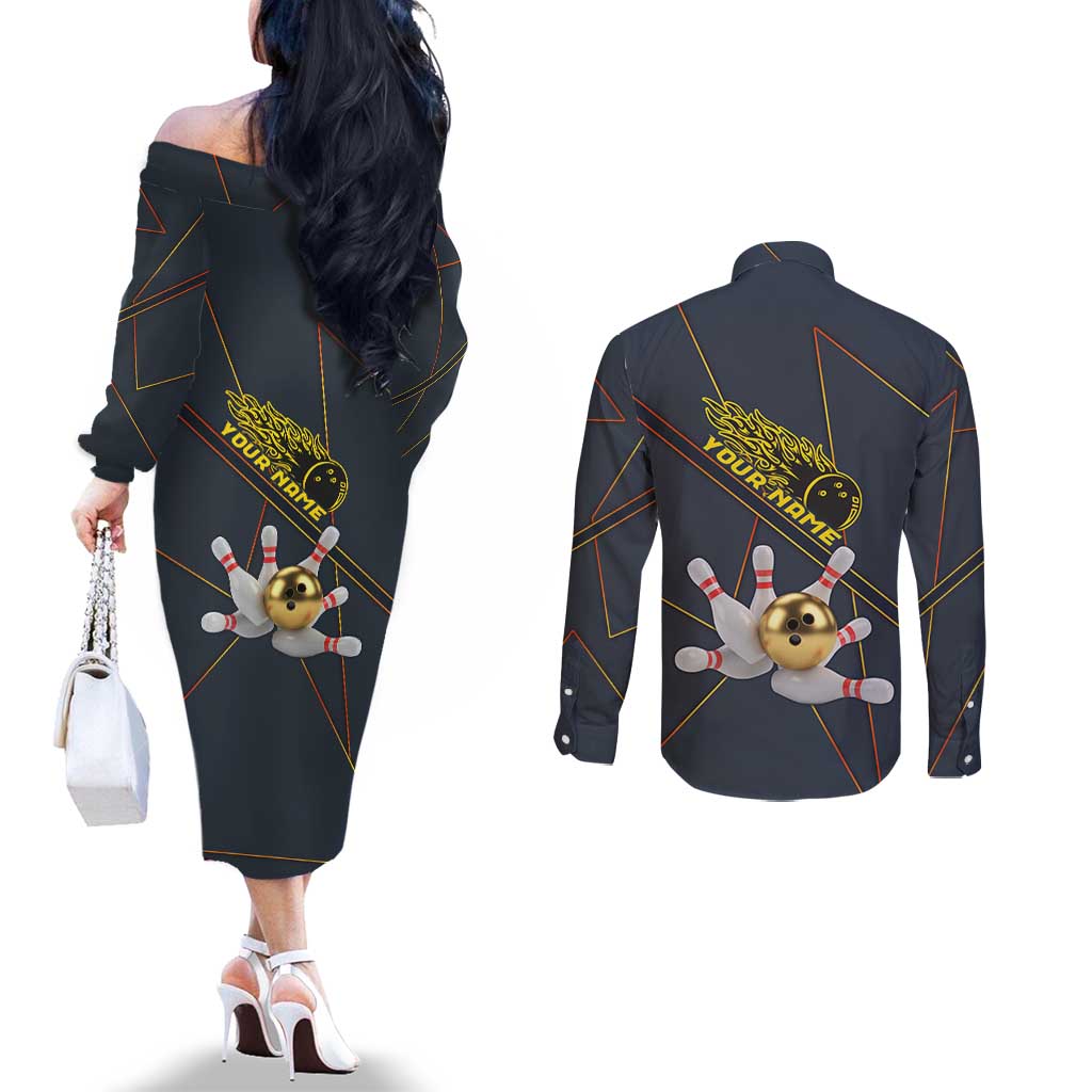 Custom Golden Bowling Shirts For Men, Flame Bowling Couples Matching Off The Shoulder Long Sleeve Dress and Long Sleeve Button Shirt with Flaming Bowling Ball Striking Pins And Geometric Line Pattern - Wonder Print Shop