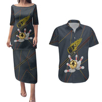 Custom Golden Bowling Shirts For Men, Flame Bowling Couples Matching Puletasi and Hawaiian Shirt with Flaming Bowling Ball Striking Pins And Geometric Line Pattern - Wonder Print Shop