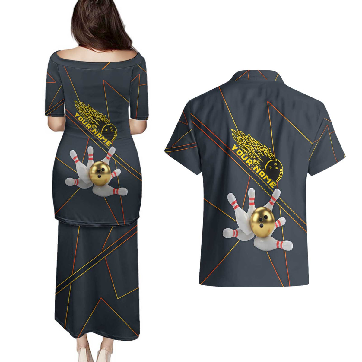 Custom Golden Bowling Shirts For Men, Flame Bowling Couples Matching Puletasi and Hawaiian Shirt with Flaming Bowling Ball Striking Pins And Geometric Line Pattern - Wonder Print Shop