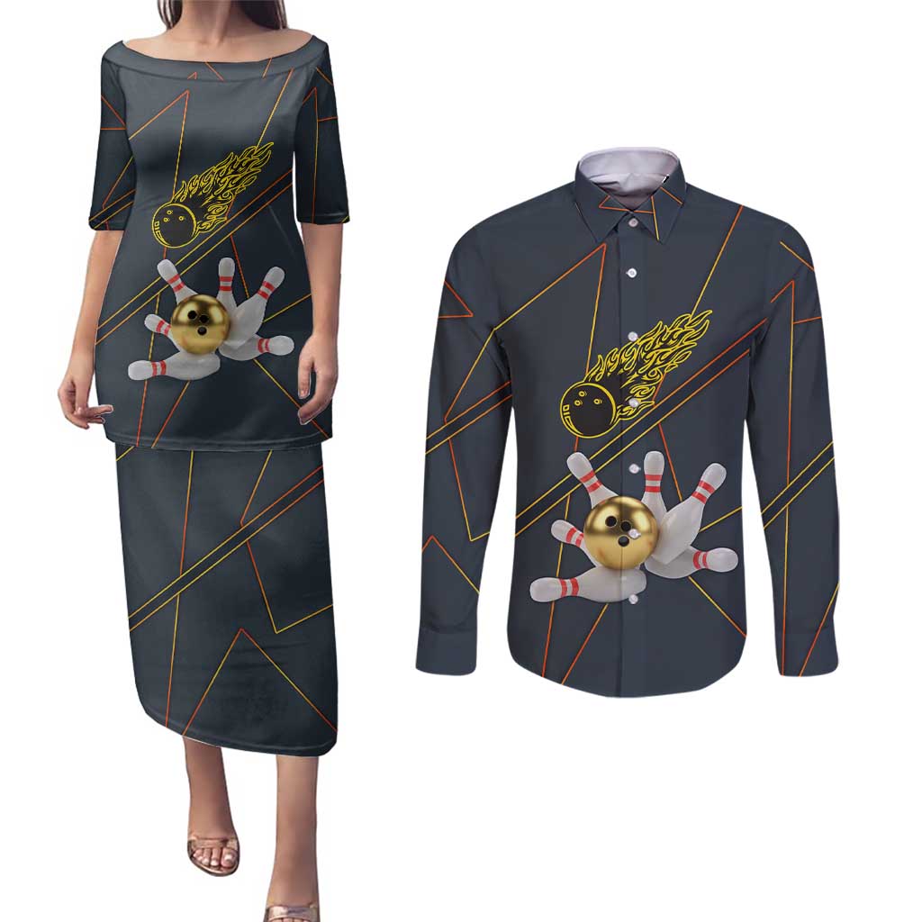 Custom Golden Bowling Shirts For Men, Flame Bowling Couples Matching Puletasi and Long Sleeve Button Shirt with Flaming Bowling Ball Striking Pins And Geometric Line Pattern - Wonder Print Shop