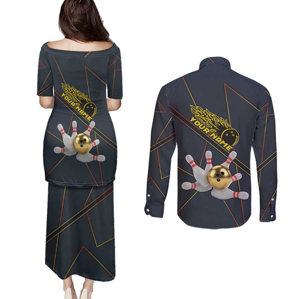 Custom Golden Bowling Shirts For Men, Flame Bowling Couples Matching Puletasi and Long Sleeve Button Shirt with Flaming Bowling Ball Striking Pins And Geometric Line Pattern - Wonder Print Shop
