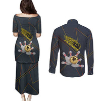 Custom Golden Bowling Shirts For Men, Flame Bowling Couples Matching Puletasi and Long Sleeve Button Shirt with Flaming Bowling Ball Striking Pins And Geometric Line Pattern - Wonder Print Shop