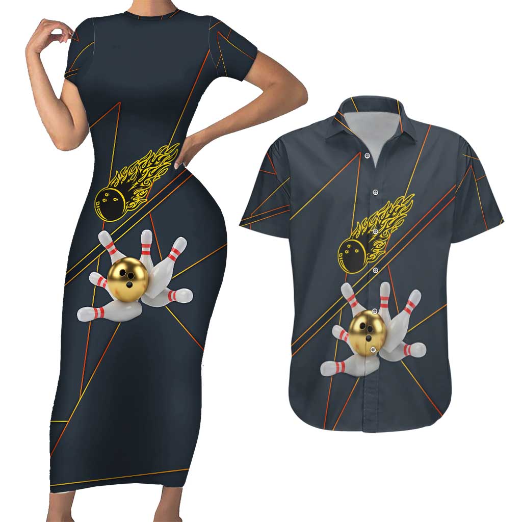 Custom Golden Bowling Shirts For Men, Flame Bowling Couples Matching Short Sleeve Bodycon Dress and Hawaiian Shirt with Flaming Bowling Ball Striking Pins And Geometric Line Pattern - Wonder Print Shop