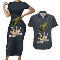 Custom Golden Bowling Shirts For Men, Flame Bowling Couples Matching Short Sleeve Bodycon Dress and Hawaiian Shirt with Flaming Bowling Ball Striking Pins And Geometric Line Pattern - Wonder Print Shop