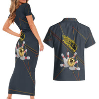 Custom Golden Bowling Shirts For Men, Flame Bowling Couples Matching Short Sleeve Bodycon Dress and Hawaiian Shirt with Flaming Bowling Ball Striking Pins And Geometric Line Pattern - Wonder Print Shop