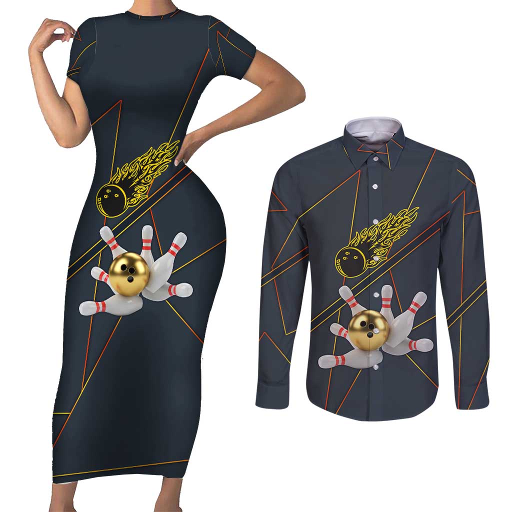 Custom Golden Bowling Shirts For Men, Flame Bowling Couples Matching Short Sleeve Bodycon Dress and Long Sleeve Button Shirt with Flaming Bowling Ball Striking Pins And Geometric Line Pattern - Wonder Print Shop