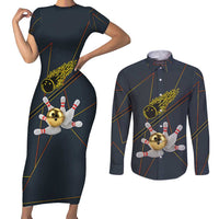 Custom Golden Bowling Shirts For Men, Flame Bowling Couples Matching Short Sleeve Bodycon Dress and Long Sleeve Button Shirt with Flaming Bowling Ball Striking Pins And Geometric Line Pattern - Wonder Print Shop