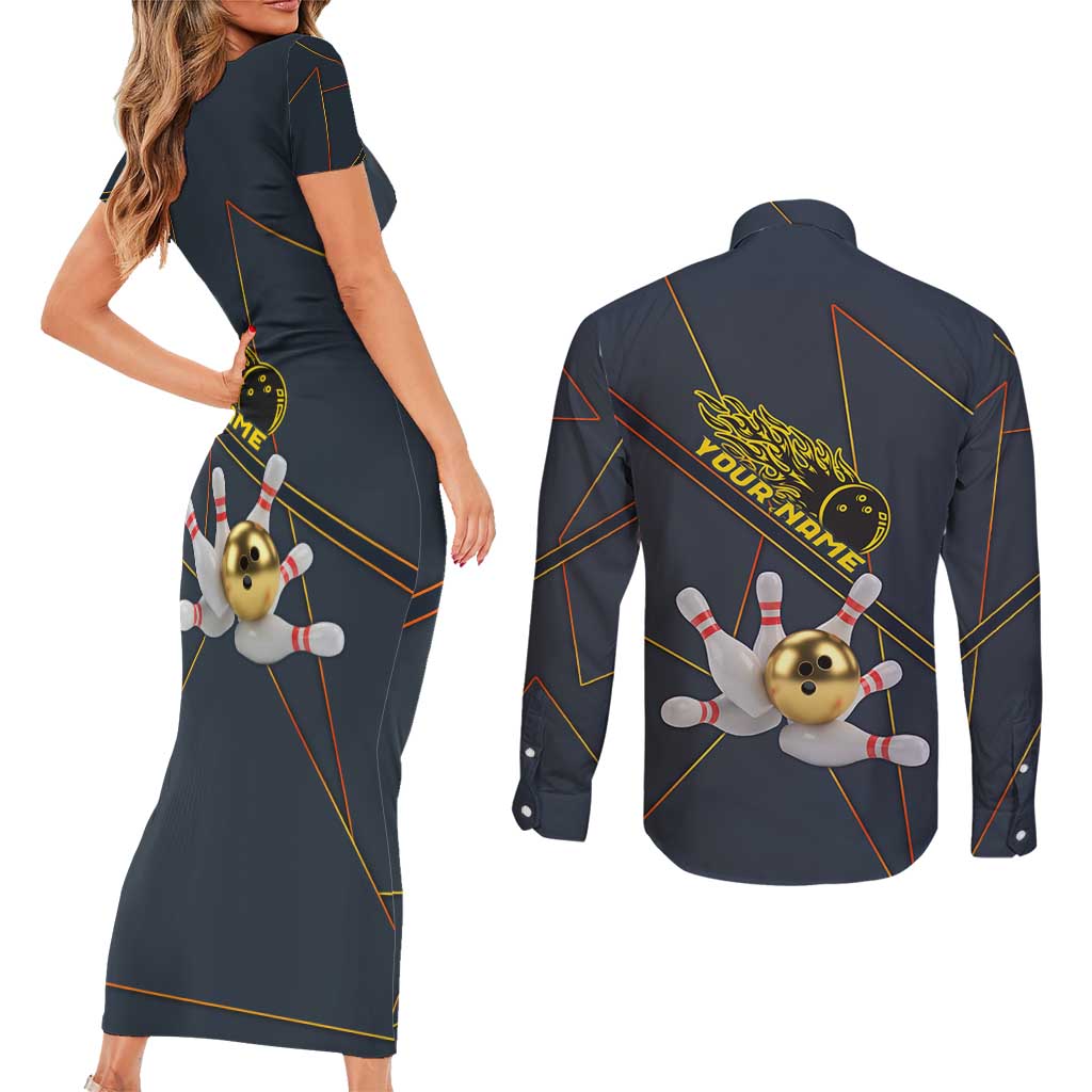 Custom Golden Bowling Shirts For Men, Flame Bowling Couples Matching Short Sleeve Bodycon Dress and Long Sleeve Button Shirt with Flaming Bowling Ball Striking Pins And Geometric Line Pattern - Wonder Print Shop