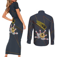 Custom Golden Bowling Shirts For Men, Flame Bowling Couples Matching Short Sleeve Bodycon Dress and Long Sleeve Button Shirt with Flaming Bowling Ball Striking Pins And Geometric Line Pattern - Wonder Print Shop