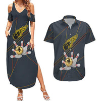Custom Golden Bowling Shirts For Men, Flame Bowling Couples Matching Summer Maxi Dress and Hawaiian Shirt with Flaming Bowling Ball Striking Pins And Geometric Line Pattern - Wonder Print Shop